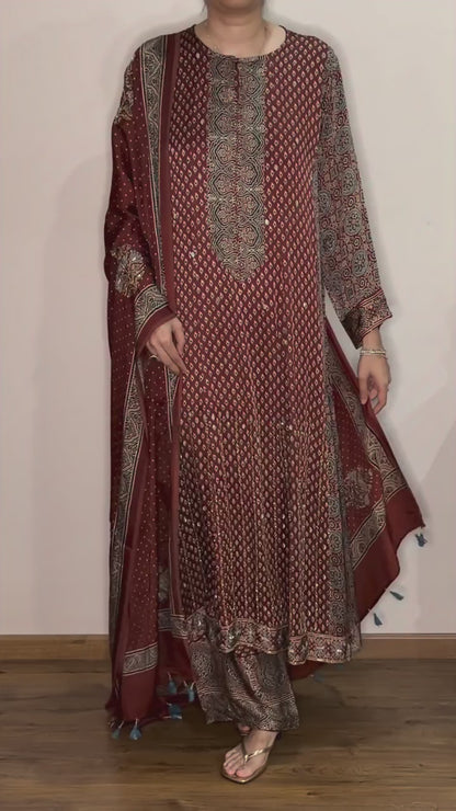Bespoke ‘Jasmine’ hand block printed Ajrakh handcrafted modal silk panel cut salwar set with cut bead handwork