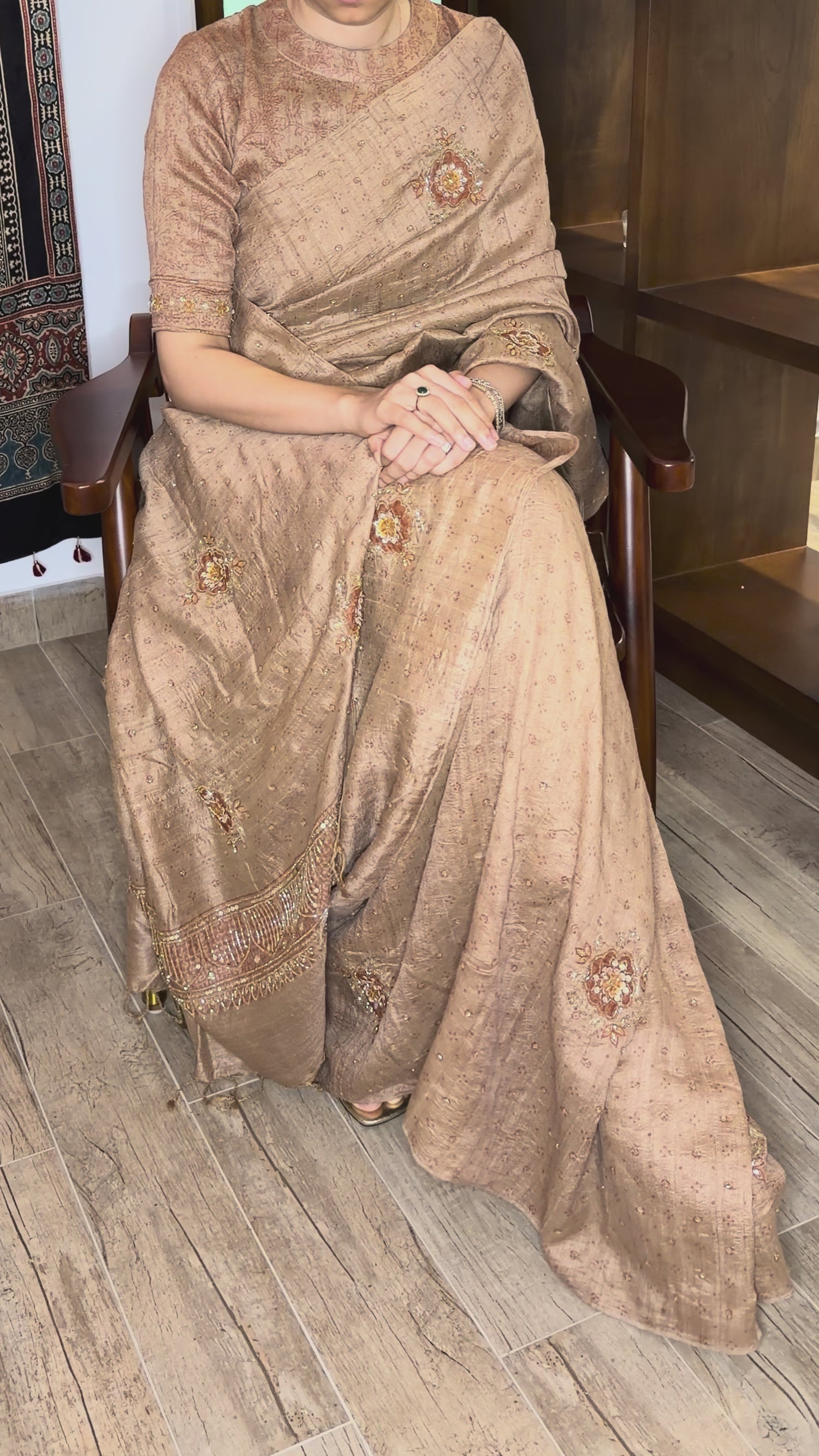 Ajrakh pure handloom tussar silk hand dyed, hand block printed and handworked saree