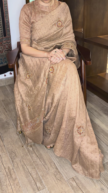 Ajrakh pure handloom tussar silk hand dyed, hand block printed and handworked saree