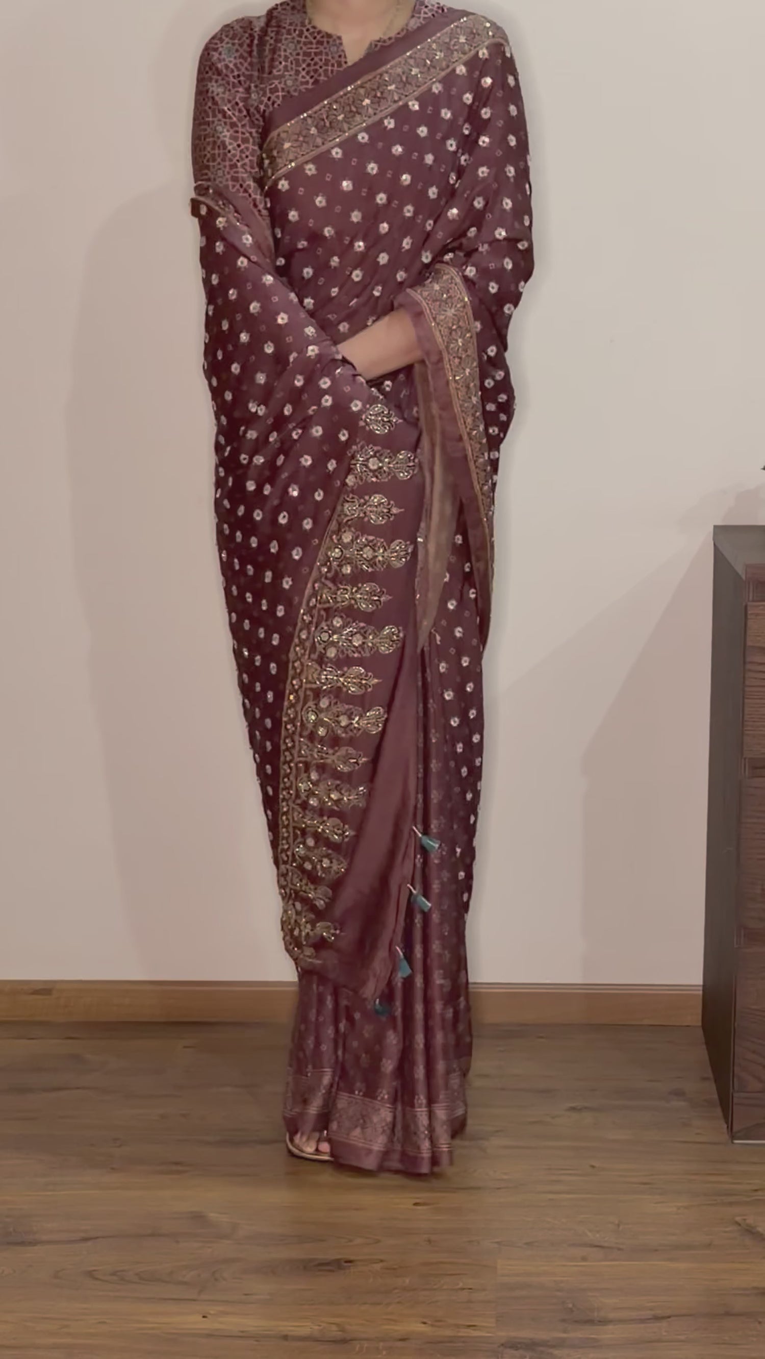 Ajrakh pure handloom gajji silk hand dyed, hand block printed and handworked saree