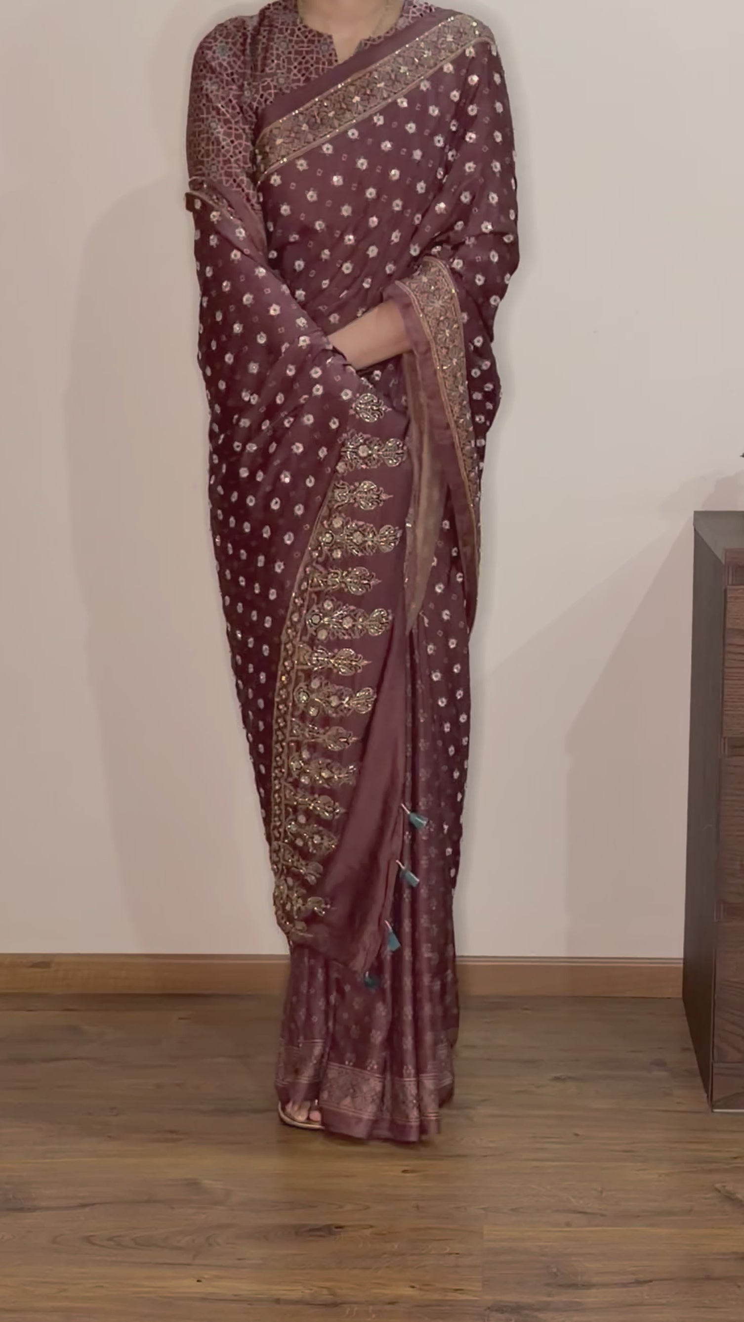 Ajrakh pure handloom gajji silk hand dyed, hand block printed and handworked saree