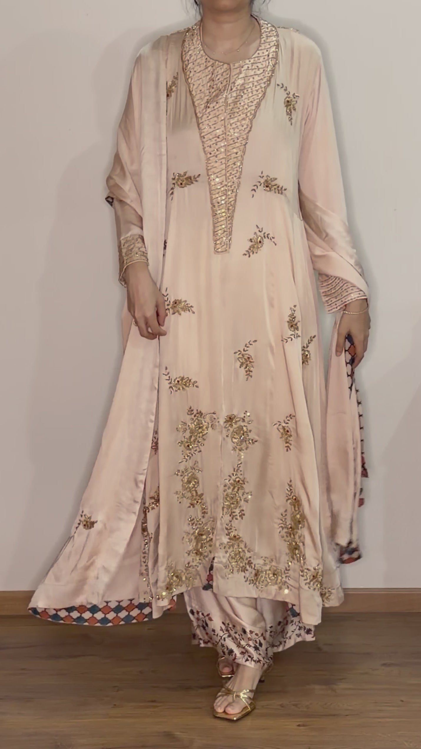 Ajrakh hand dyed hand block printed modal silk panel cut salwar set with cut bead handwork