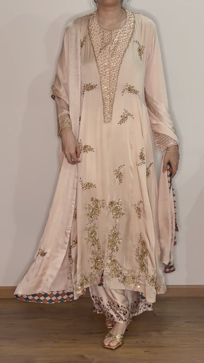 Ajrakh hand dyed hand block printed modal silk panel cut salwar set with cut bead handwork