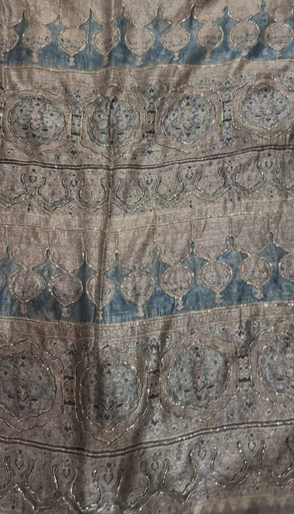 Ajrakh pure handloom tussar silk hand dyed, hand block printed and handworked saree