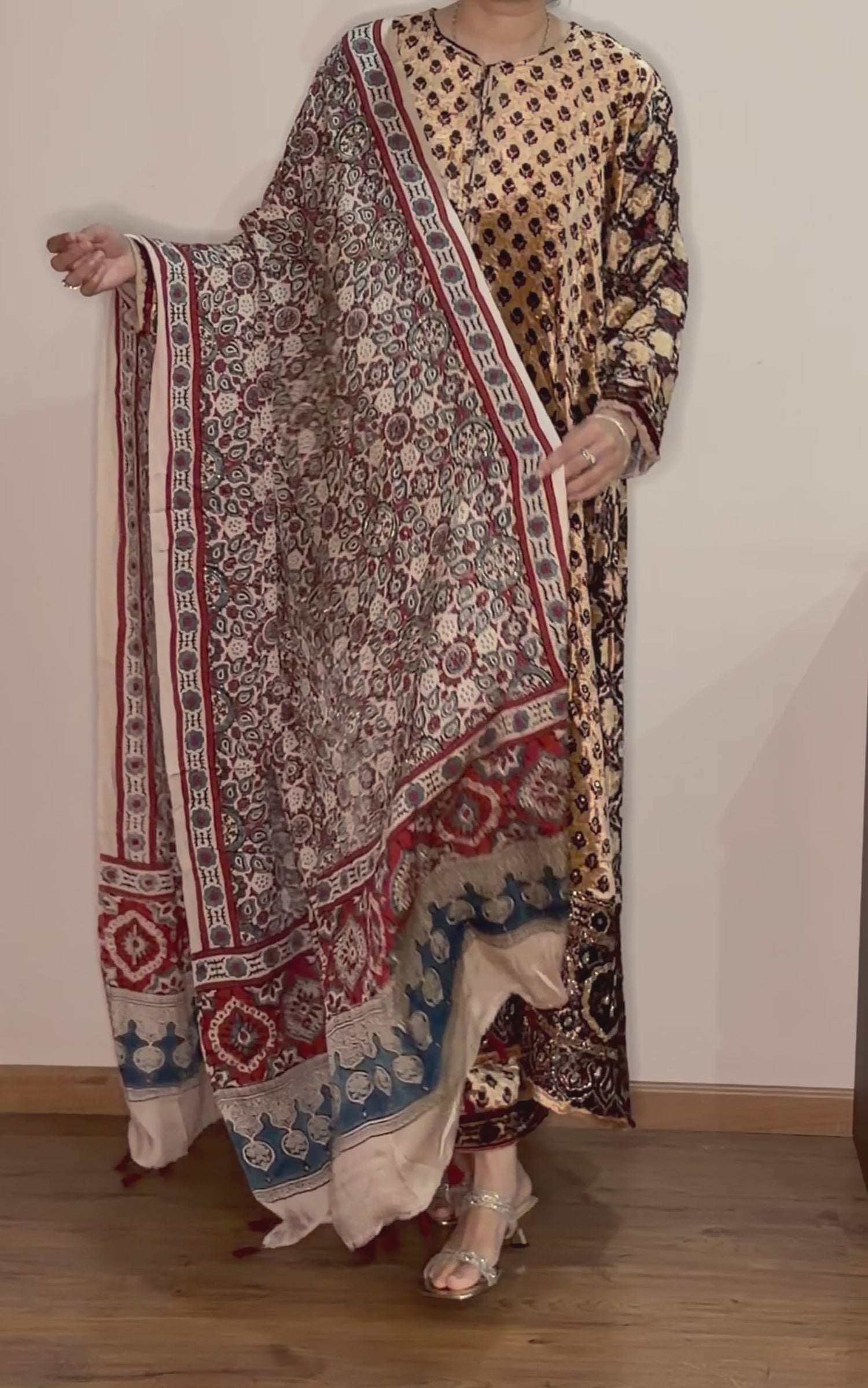 Ajrakh hand block printed velvet silk  panel line salwar set with cutbead handwork