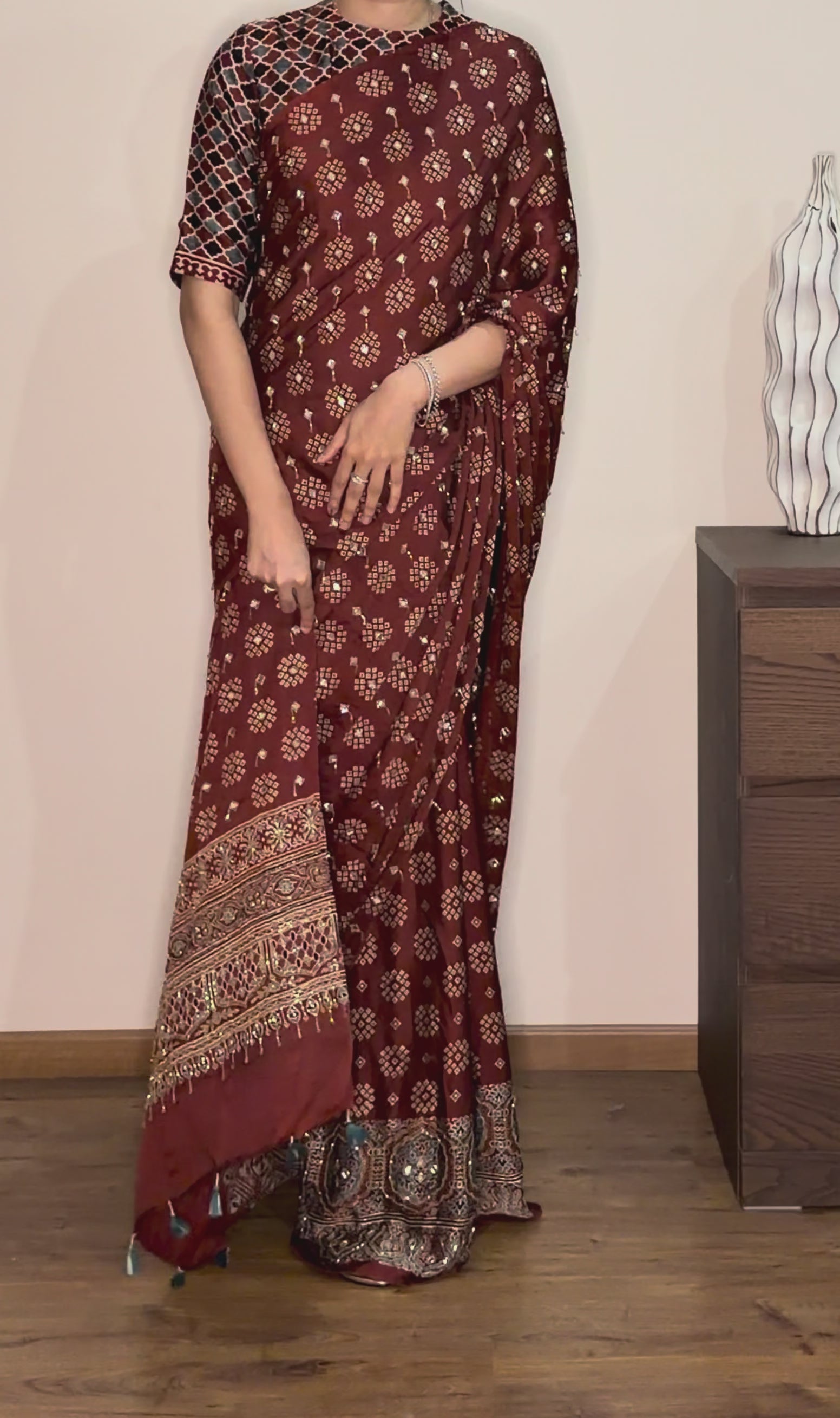 Ajrakh pure modal silk hand dyed, hand block printed and handworked saree
