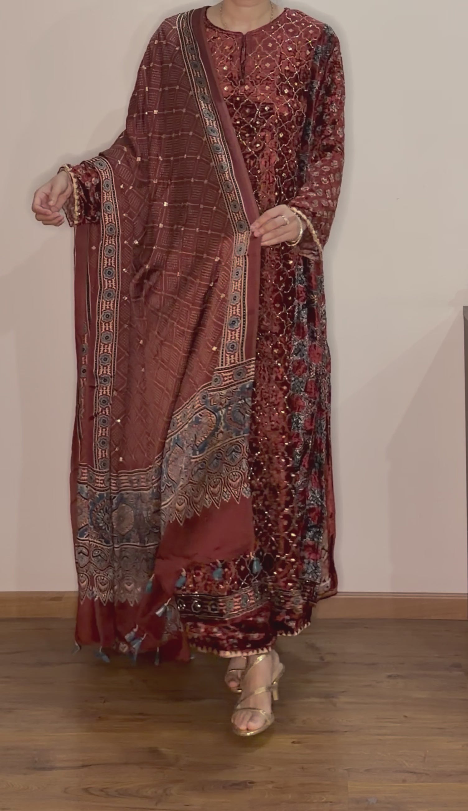 Ajrakh hand block printed velvet silk panel cut salwar set with cutbead handwork