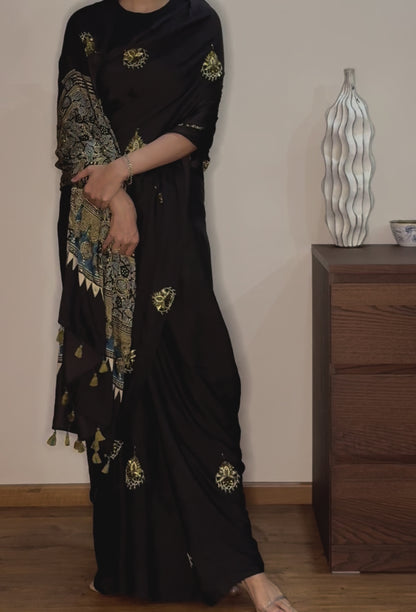 Ajrakh modal silk handworked saree with modal silk handworked dupatta