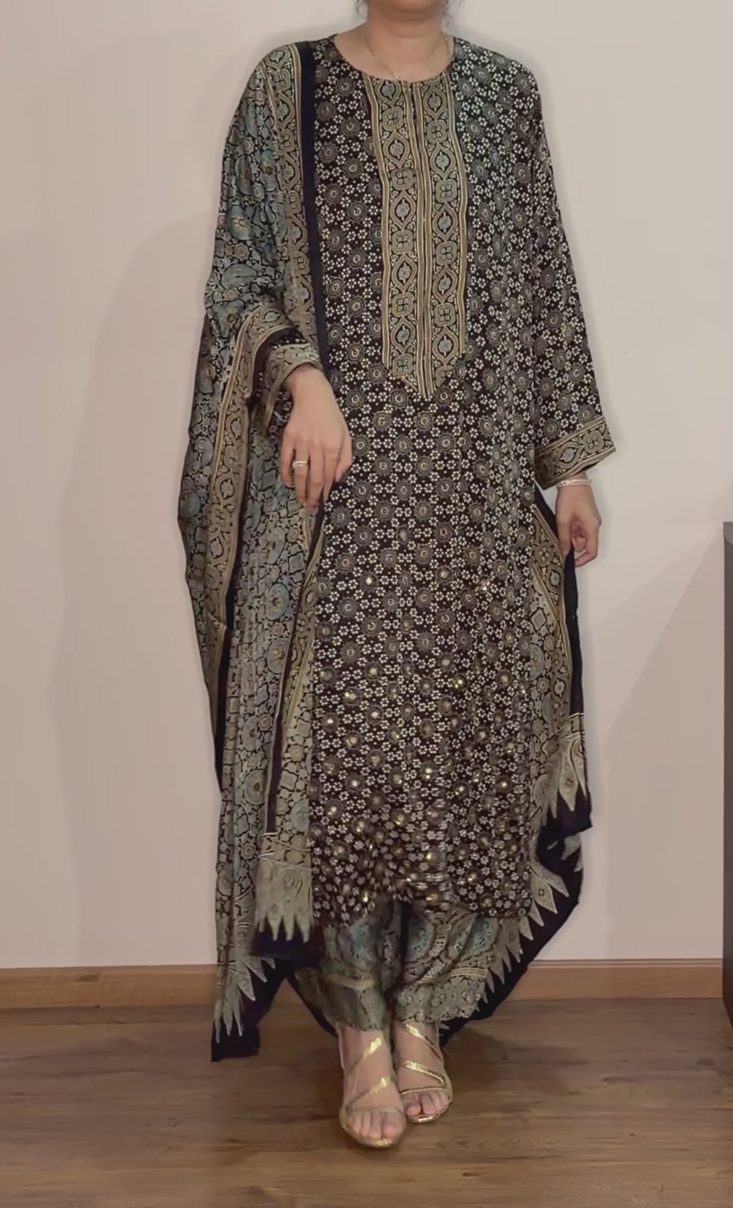 Ajrakh hand dyed hand block printed modal silk straight cut salwar set with cutbead handwork