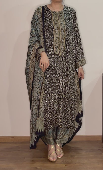 Ajrakh hand dyed hand block printed modal silk straight cut salwar set with cutbead handwork