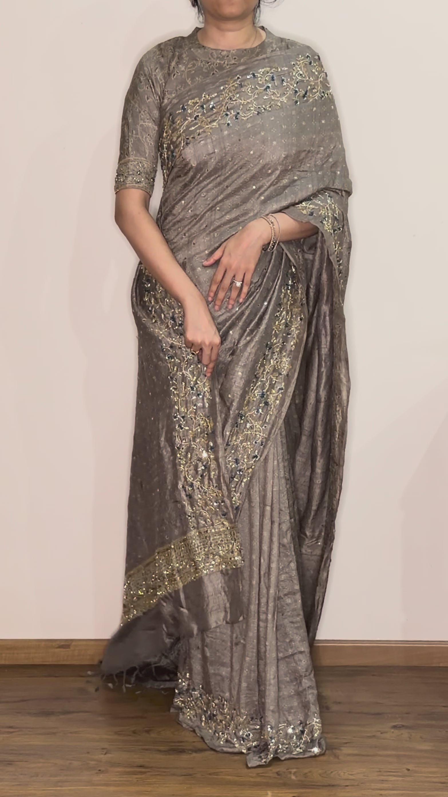 Ajrakh pure handloom tussar silk hand dyed, hand block printed and handworked saree