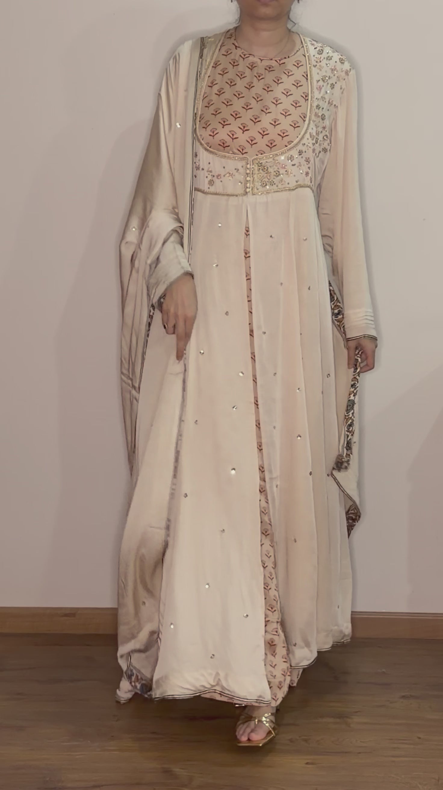 Ajrakh hand dyed hand block printed modal silk panel cut Anarkali set with cut bead handwork