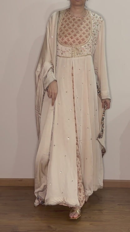 Ajrakh hand dyed hand block printed modal silk panel cut Anarkali set with cut bead handwork