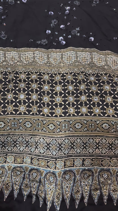 Ajrakh pure modal silk hand dyed, hand block printed and handworked saree