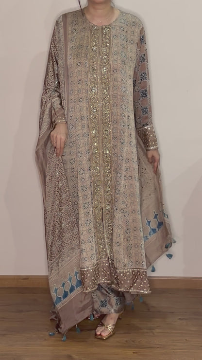Ajrakh hand dyed hand block printed modal silk panel cut salwar set with cut bead handwork