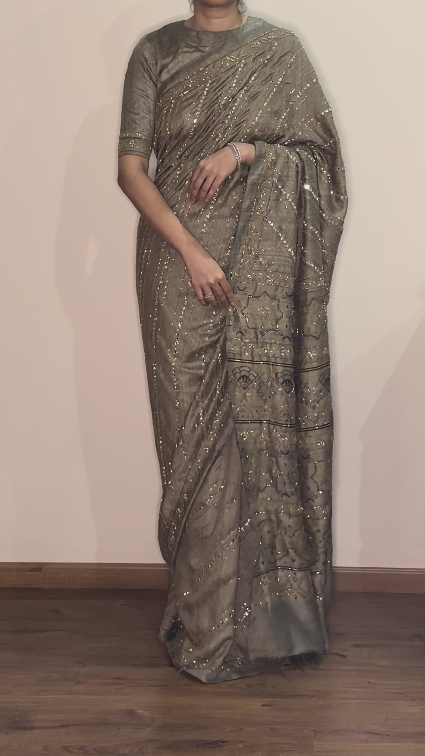 Ajrakh pure handloom tussar silk hand dyed, hand block printed and handworked saree