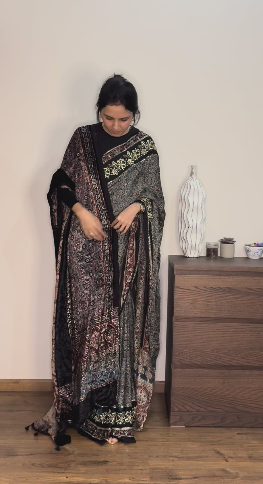 Ajrakh pure modal silk hand dyed, hand block printed and handworked saree