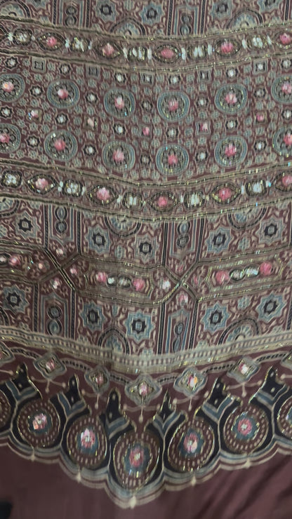 Ajrakh pure handloom gajji silk hand dyed, hand block printed and handworked saree
