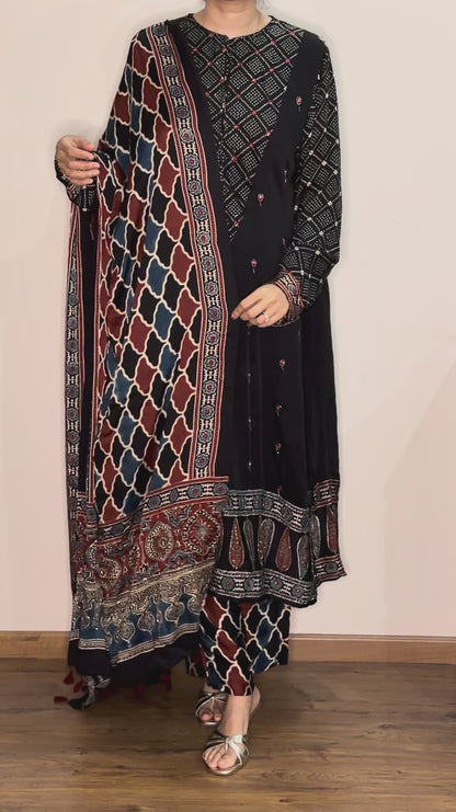 Ajrakh modal silk A line salwar set with cut bead handwork chi
