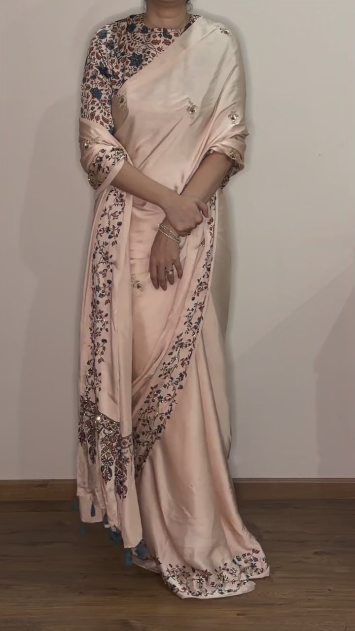 Bespoke ‘Jasmine’ hand printed 
Ajrakh pure modal silk hand dyed, hand block printed and handworked saree