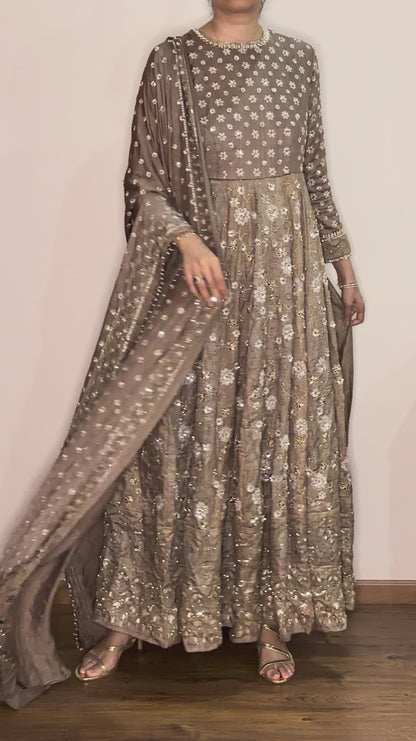 Custom made Ajrakh handcrafted handloom Tusshar silk bridal anarkali set with pure handloom gajji silk dupatta detailed out with hand embroidry