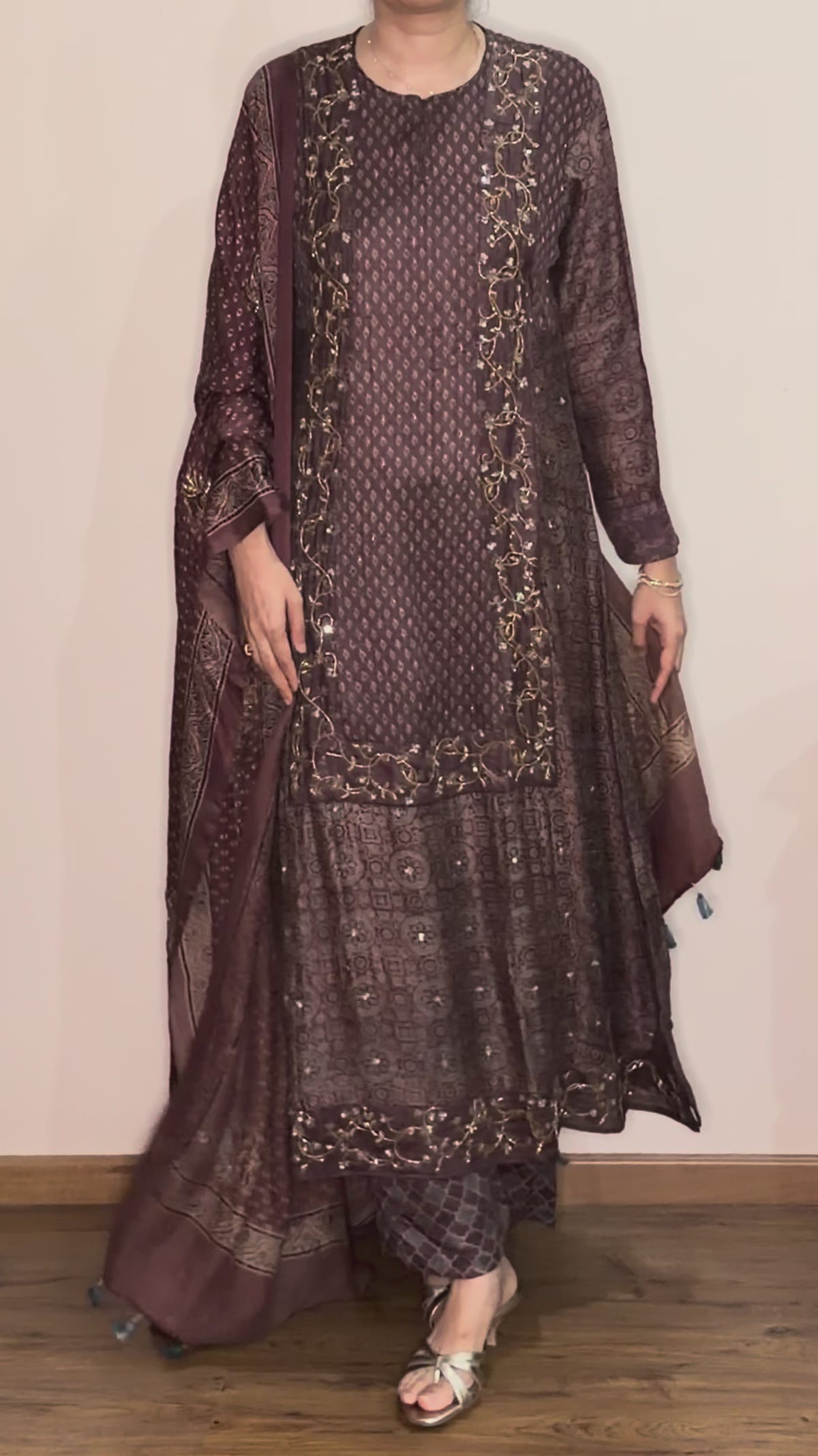 Bespoke ‘Jasmine’ hand block printed Ajrakh handcrafted pure handloom tusshar silk panel cut salwar set with cut bead handwork