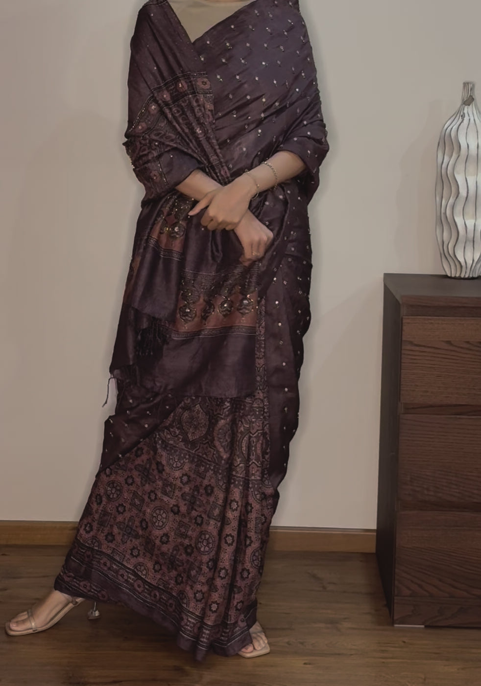 Ajrakh tussar silk hand dyed, hand block printed and handworked saree