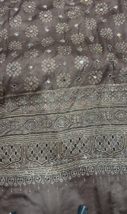 Ajrakh pure handloom gajji silk hand dyed, hand block printed and handworked saree