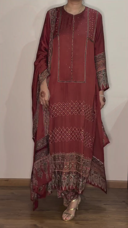 Ajrakh hand block printed modal silk straight cut salwar set with cutbead handwork