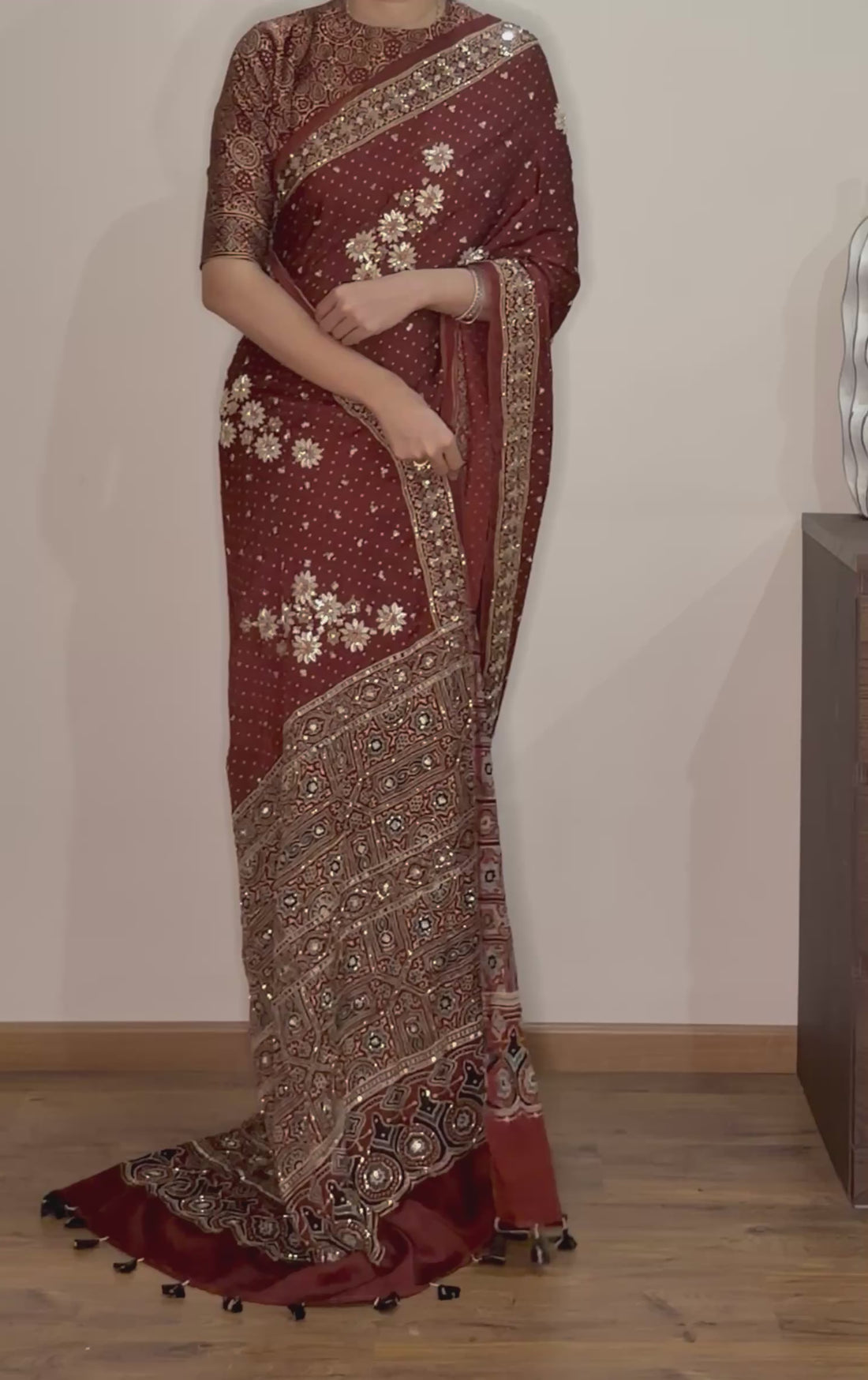 Ajrakh pure modal silk hand dyed, hand block printed and handworked saree