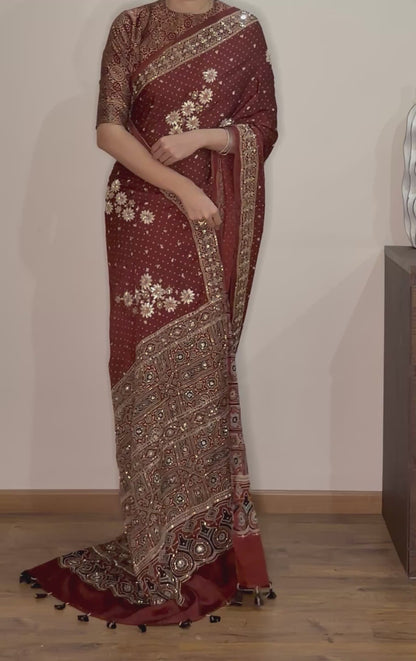 Ajrakh pure modal silk hand dyed, hand block printed and handworked saree