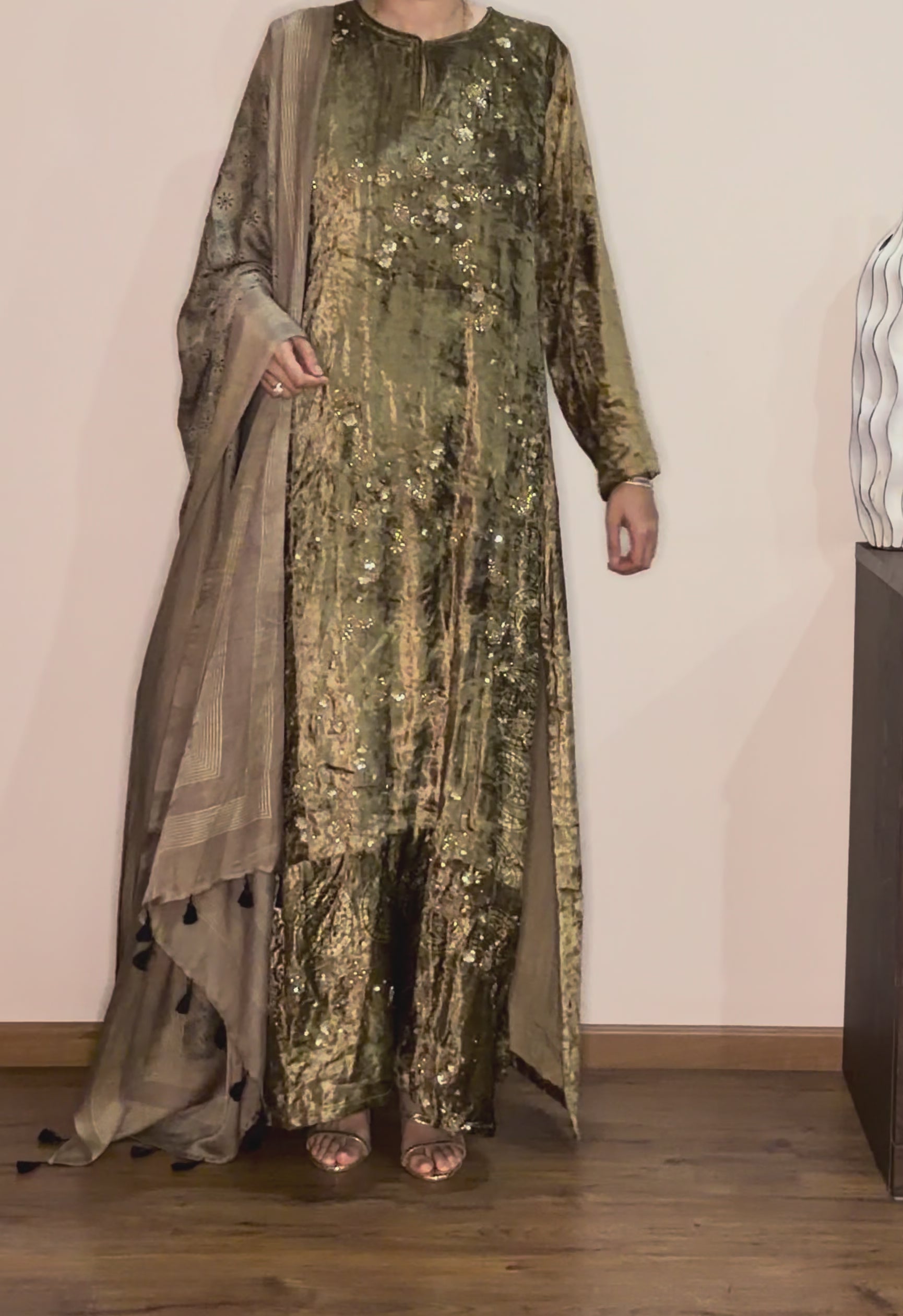 Ajrakh hand dyed hand block printed velvet silk salwar set with hand embroidry