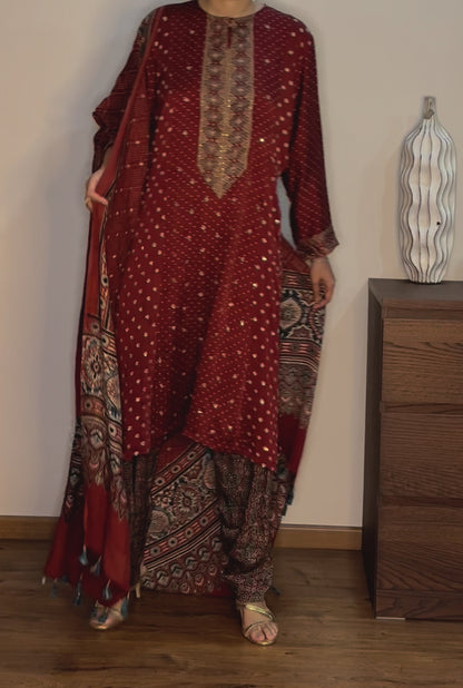 Ajrakh hand dyed hand block printed modal silk panel cut salwar set with cut bead handwork