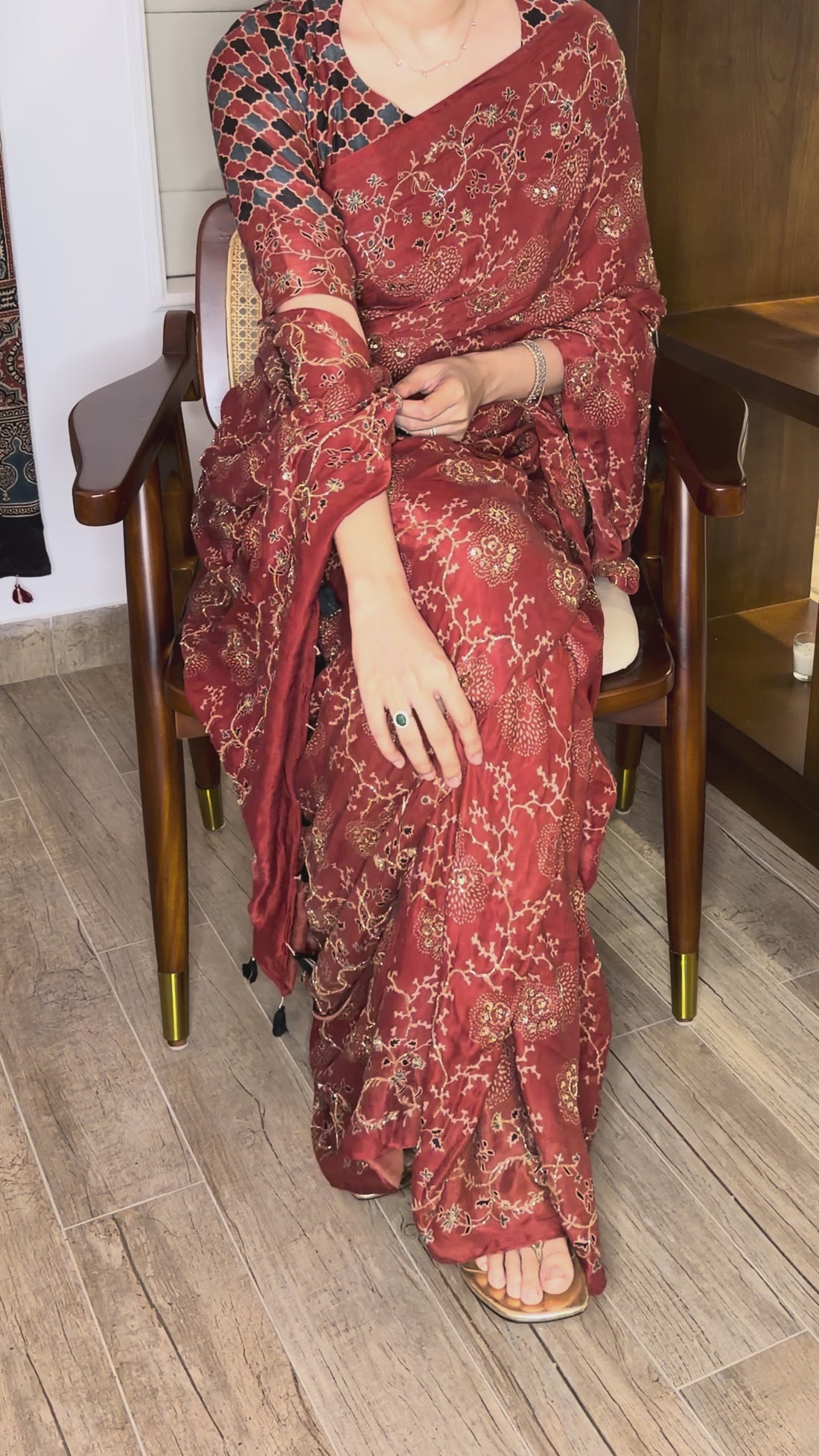 Ajrakh bridal pure handloom gajji silk hand dyed, hand block printed and handworked saree