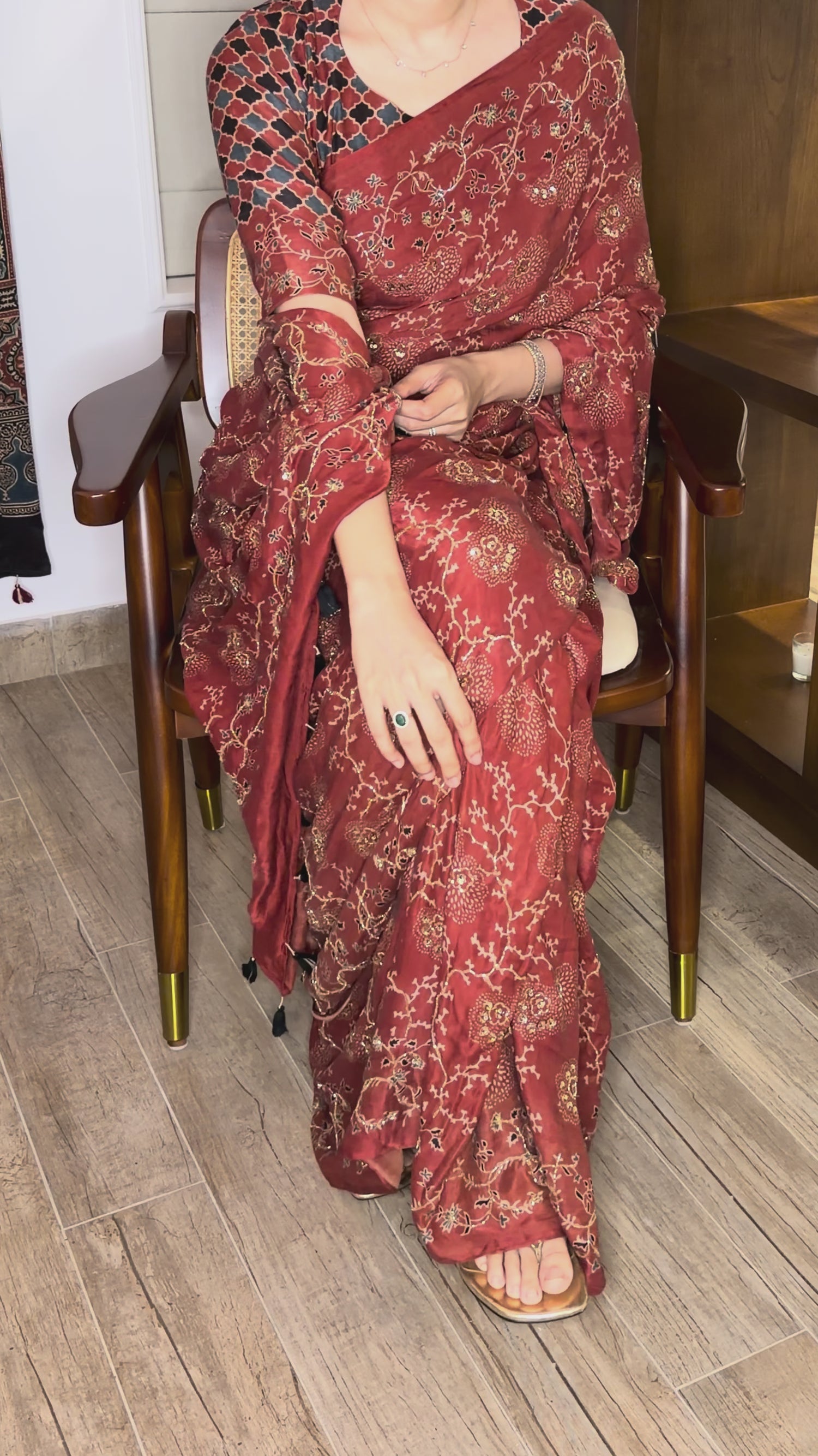 Ajrakh bridal pure handloom gajji silk hand dyed, hand block printed and handworked saree