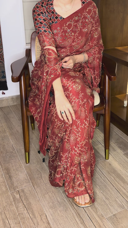 Ajrakh bridal pure handloom gajji silk hand dyed, hand block printed and handworked saree