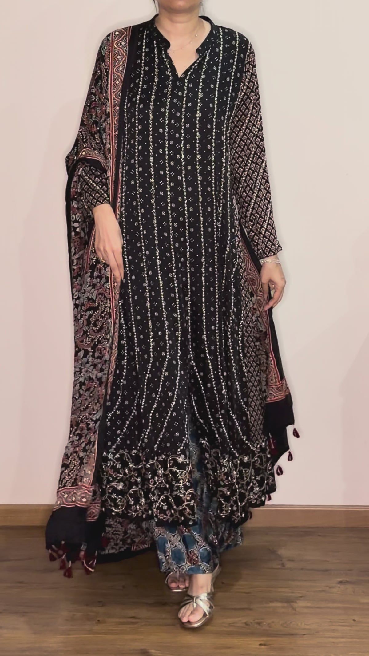 Bespoke ‘Jasmine’ hand block printed Ajrakh handcrafted modal silk panel cut salwar set with cut bead handwork