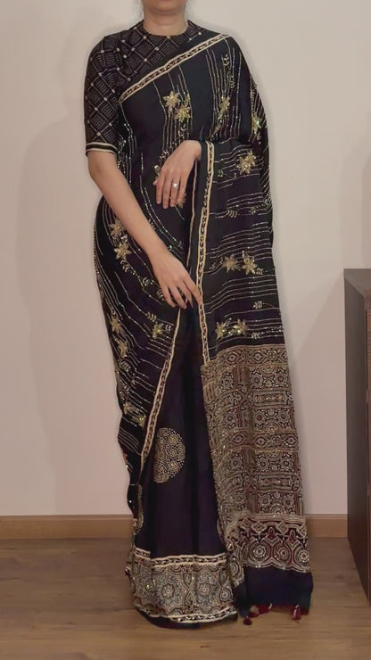 Ajrakh pure modal silk hand dyed, hand block printed and handworked saree