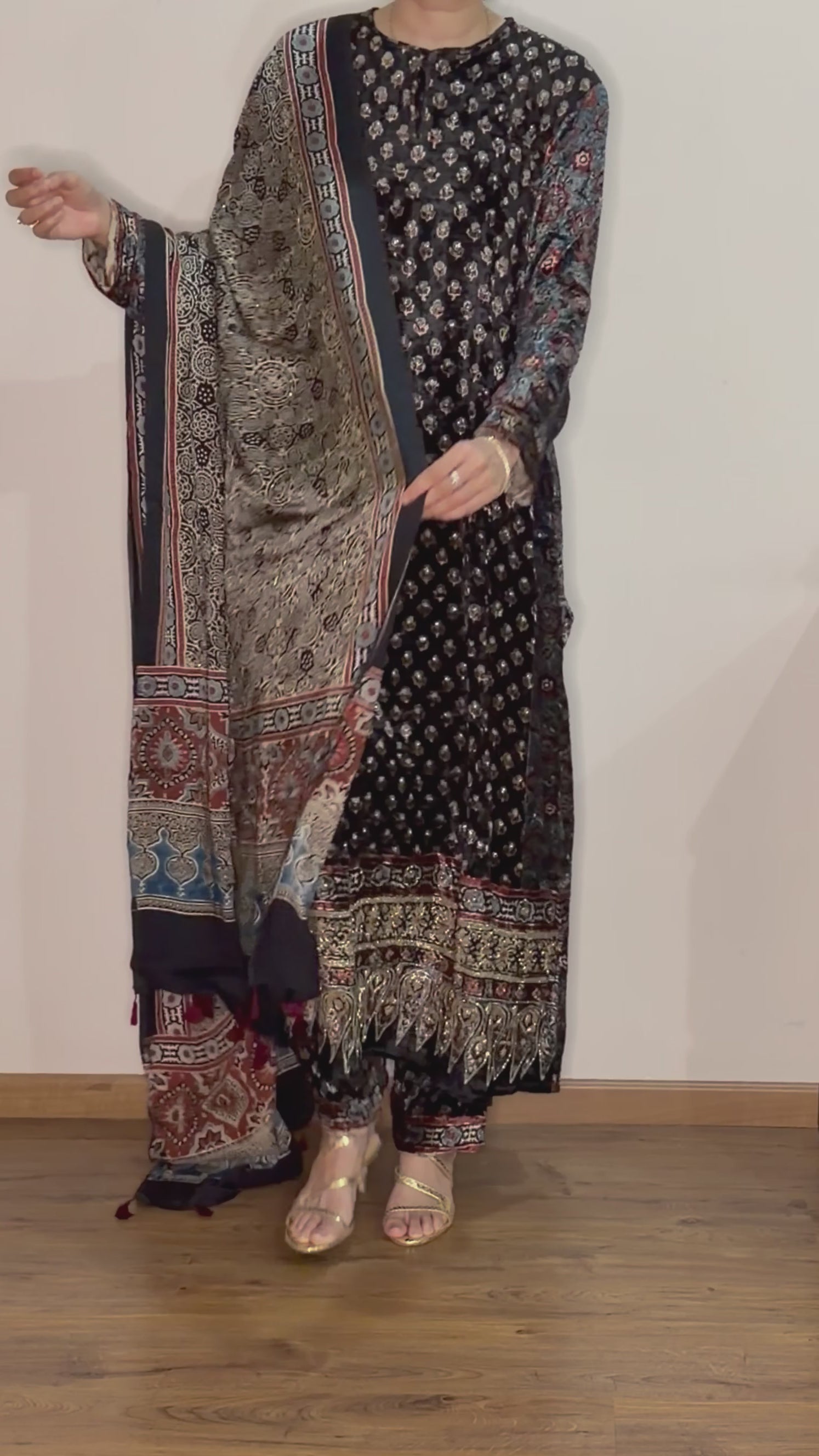 Ajrakh hand block printed velvet silk  panel line salwar set with cutbead handwork