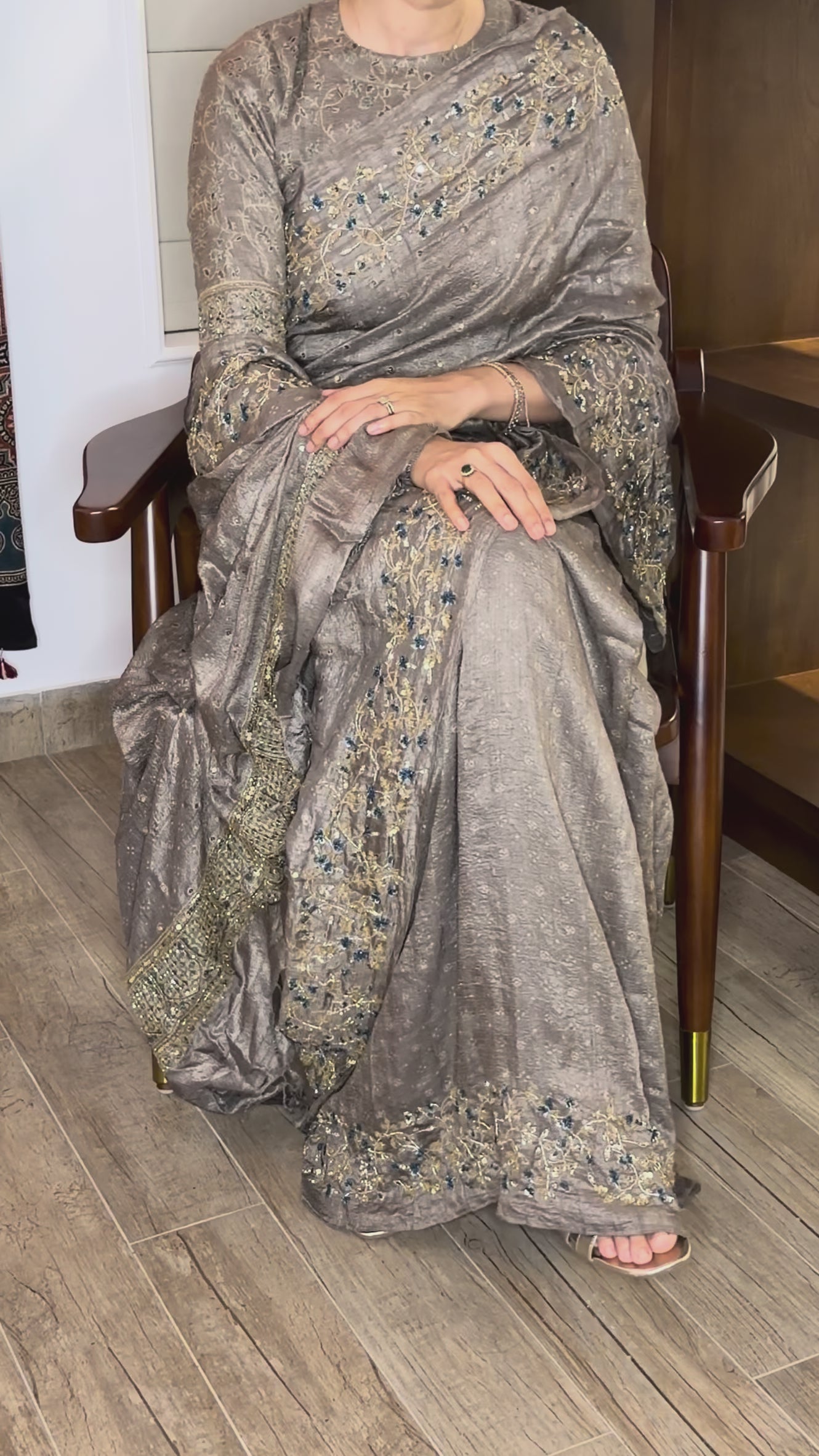 Ajrakh pure handloom tussar silk hand dyed, hand block printed and handworked saree