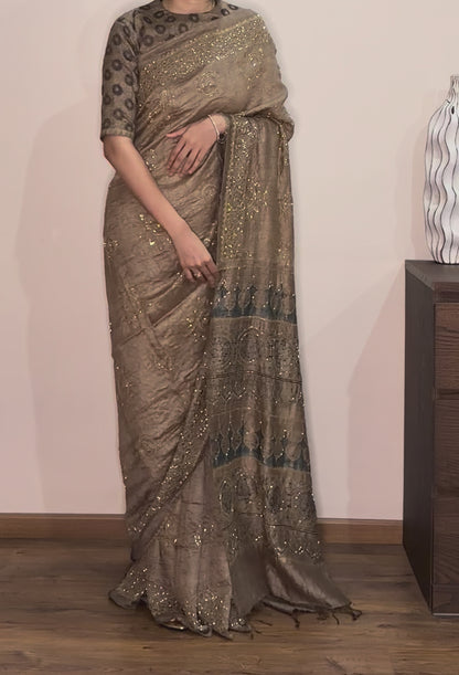 Ajrakh pure handloom tussar silk hand dyed, hand block printed and handworked saree
