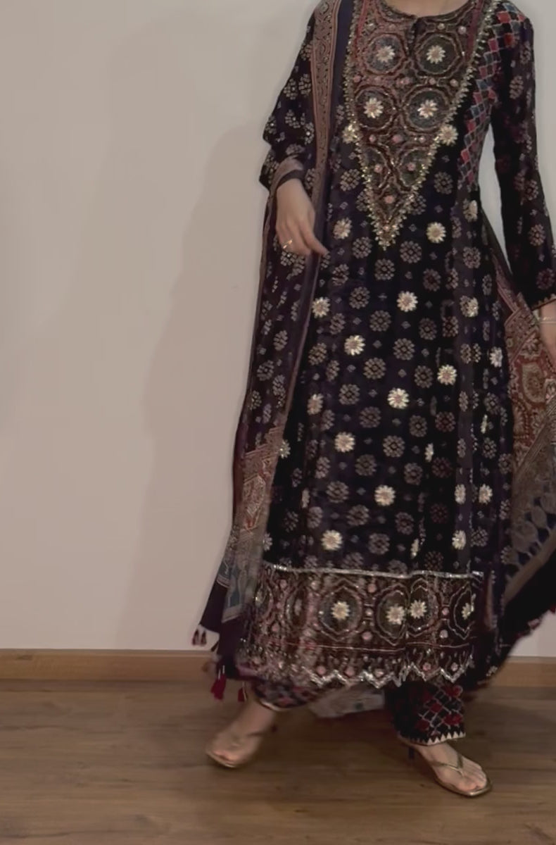 Ajrakh hand dyed hand block printed velvet silk panel cut salwar set with hand embroidry