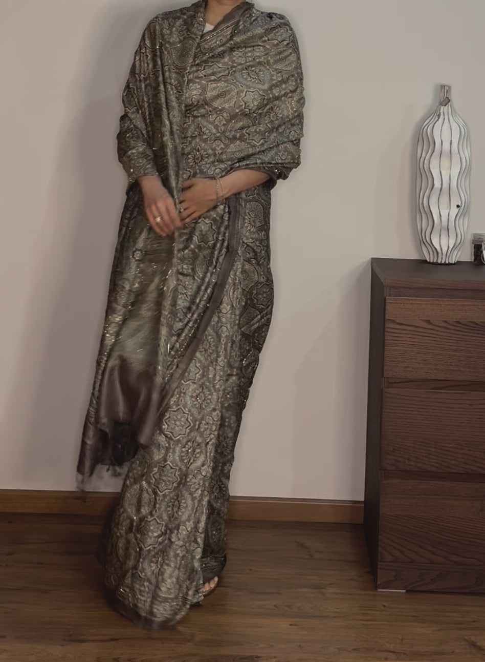 Ajrakh modal silk hand dyed, hand block printed and handworked saree