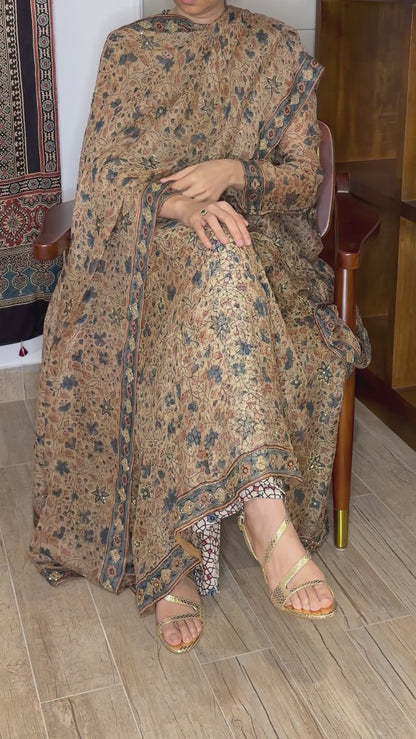 Ajrakh hand dyed hand block printed kota silk jacket set with cut bead handwork
