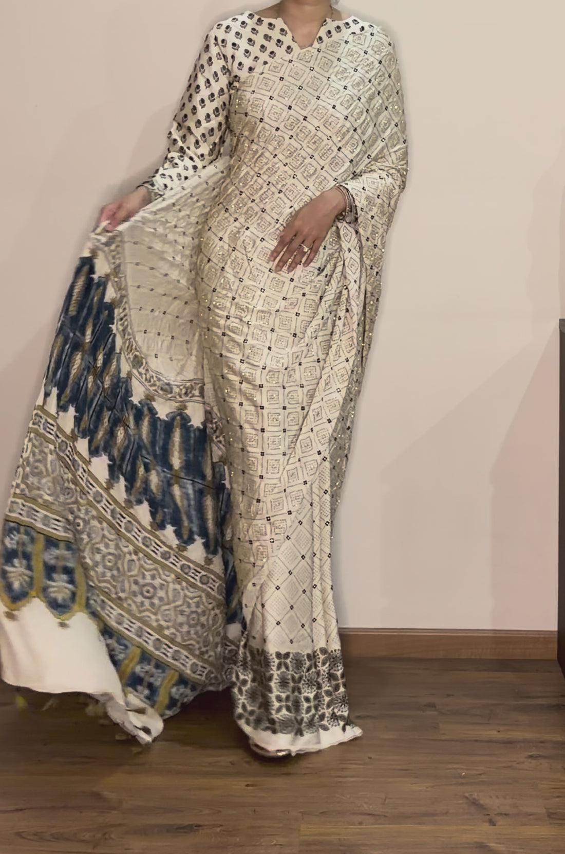 Ajrakh pure modal silk hand dyed, hand block printed and handworked saree