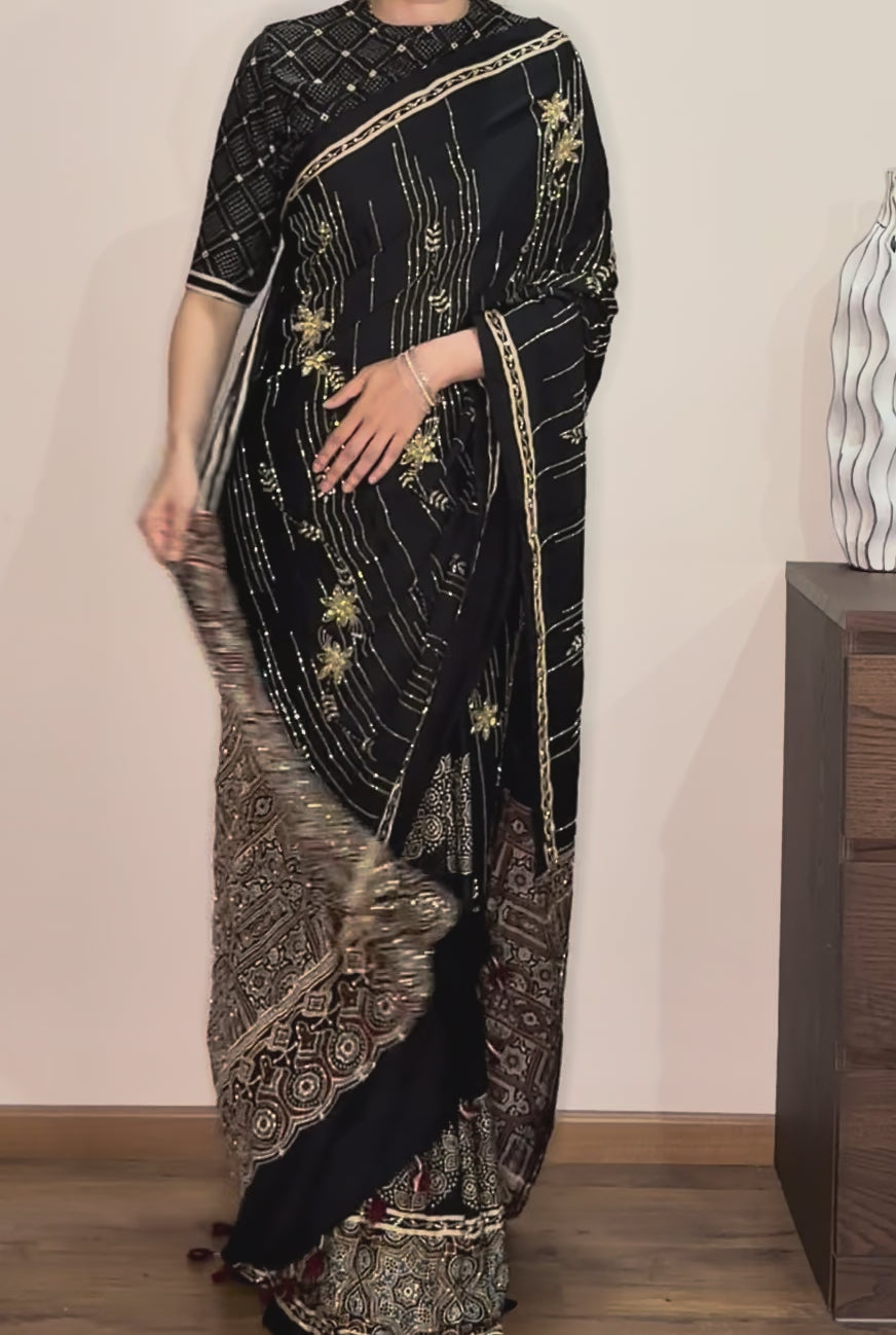 Ajrakh pure modal silk hand dyed, hand block printed and handworked saree