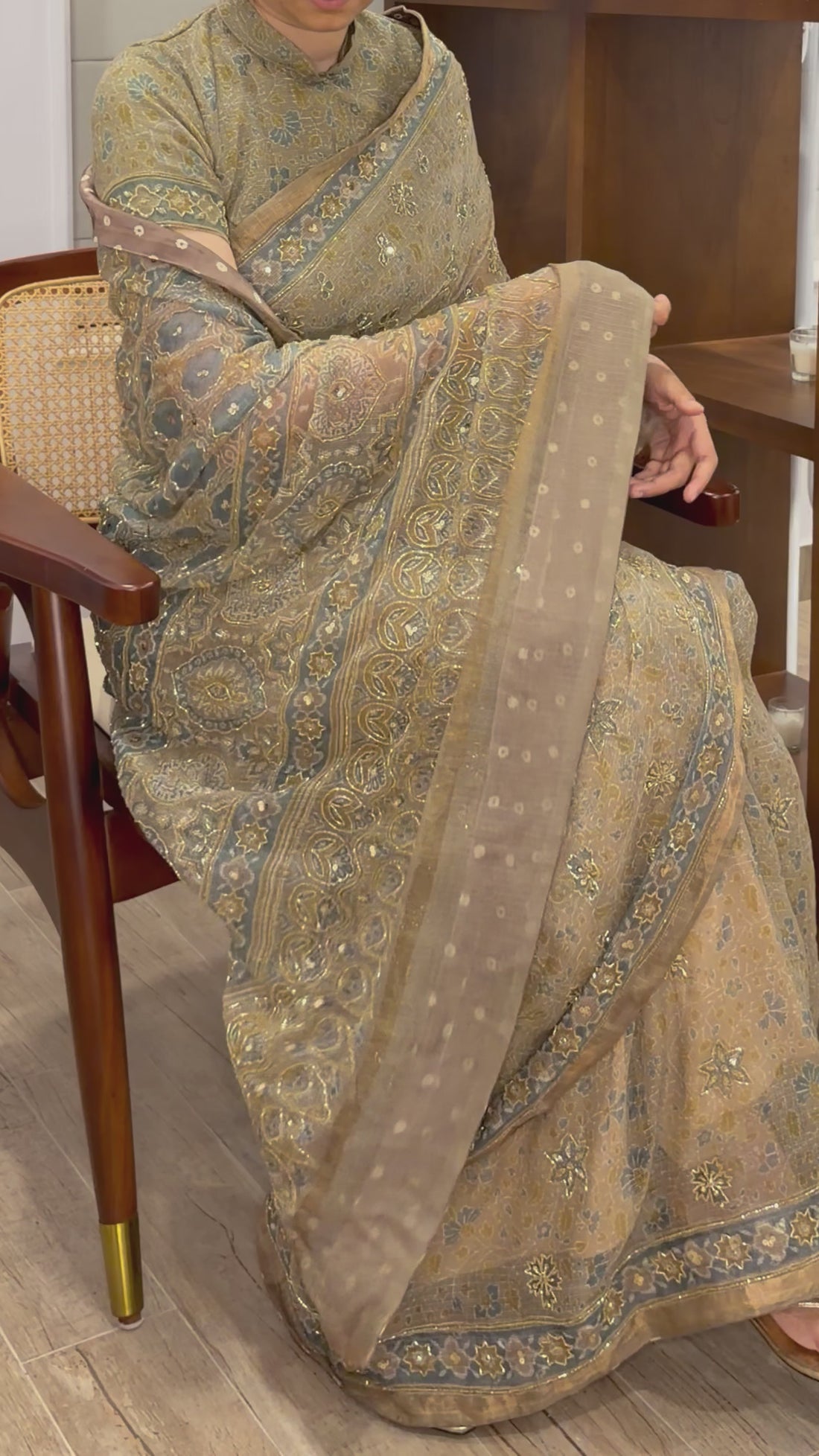 Ajrakh pure kota silk hand dyed, hand block printed and handworked saree