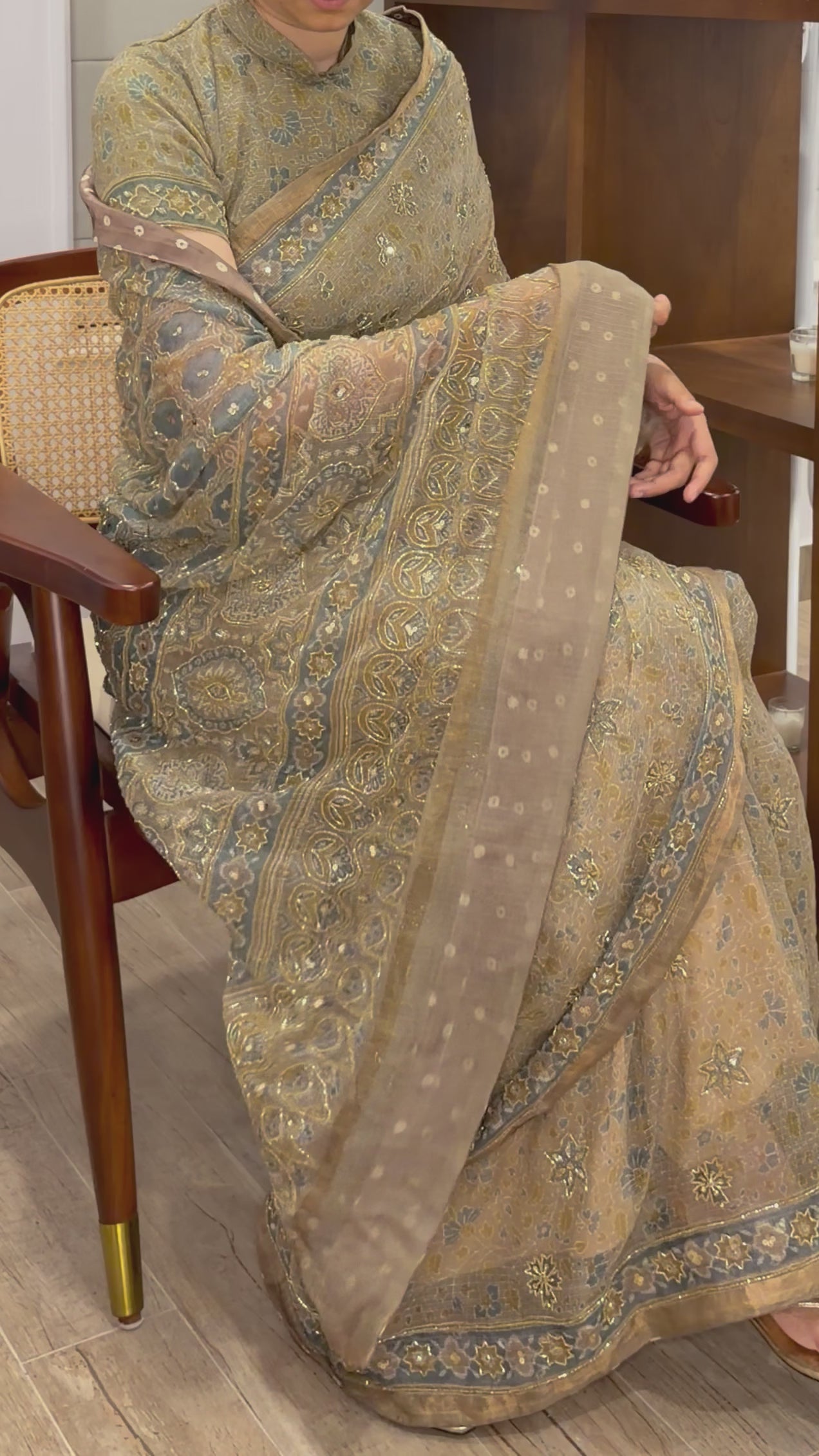 Ajrakh pure kota silk hand dyed, hand block printed and handworked saree