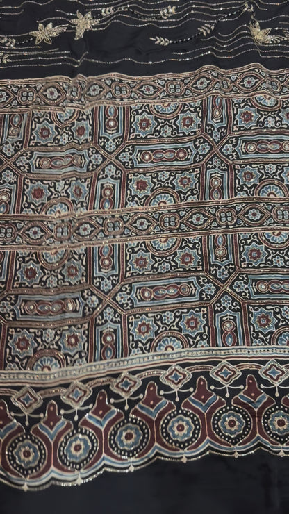 Ajrakh pure modal silk hand dyed, hand block printed and handworked saree