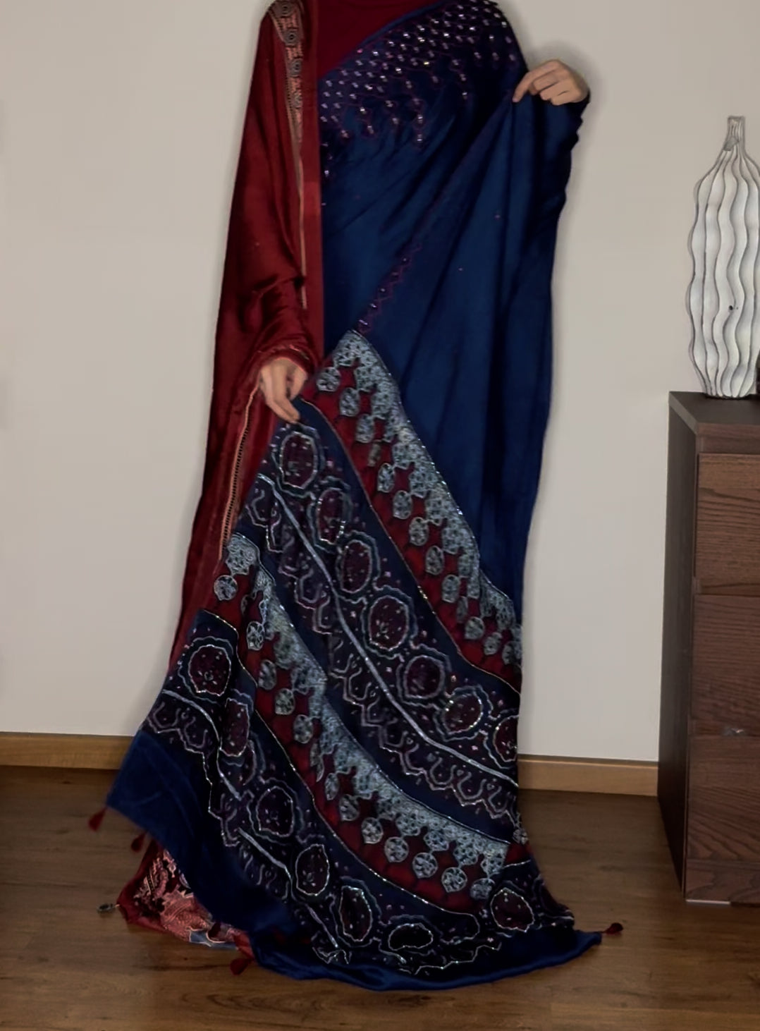 Ajrakh modal silk  hand dyed and hand block printed handworked saree with modal silk handworked dupatta